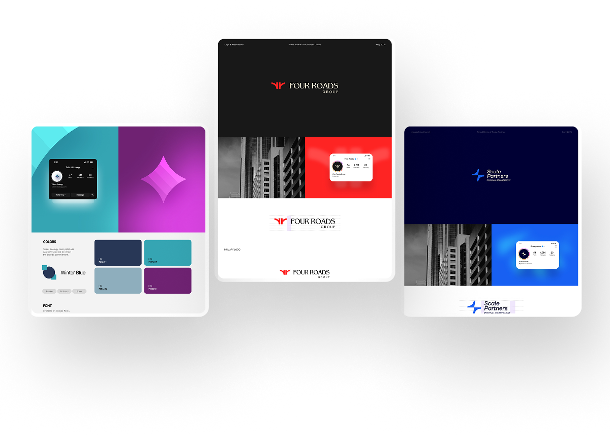 Brand audit examples for Talent Ecology, Four Roads Group, and Scale Partners