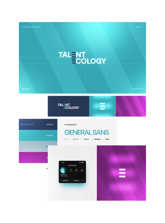 Talent Ecology brand identity system including typography, color palette, and social media assets