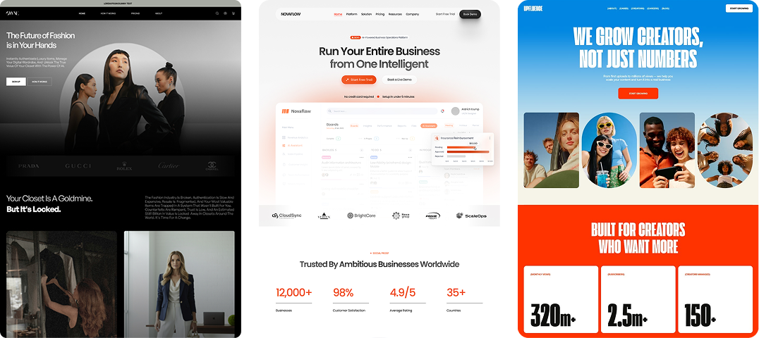 Three interface design examples for fashion, business software, and creator platforms