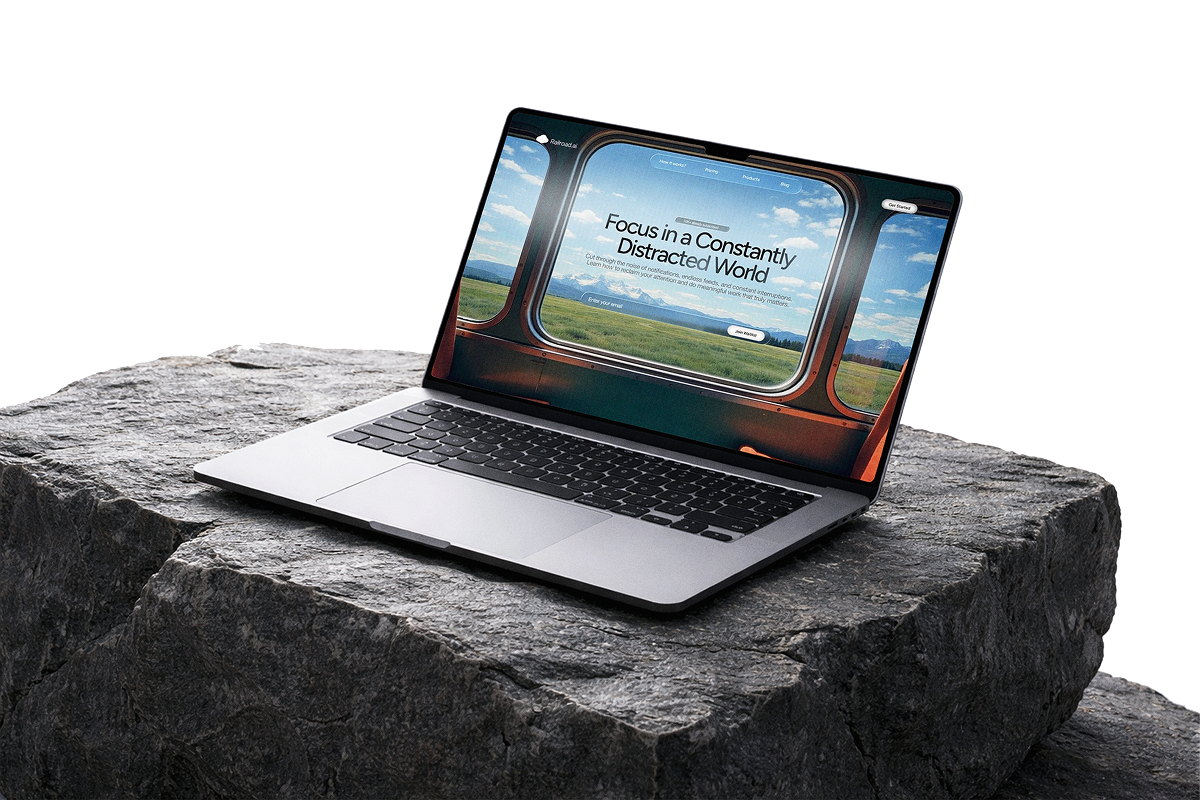Website displayed on a laptop resting on a stone platform